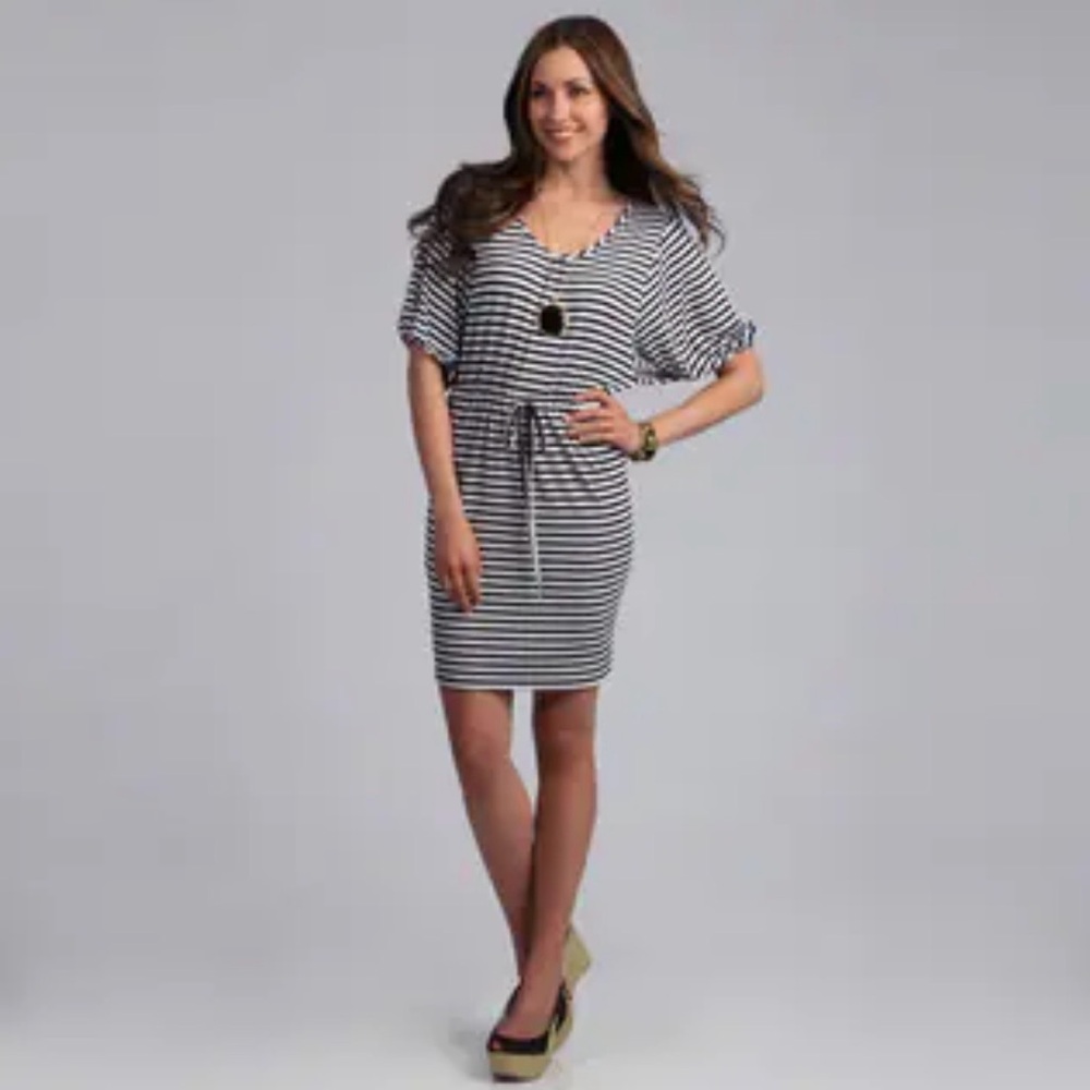 Calvin Klein Black and White Striped Midi Dress drawstring waist Size 6